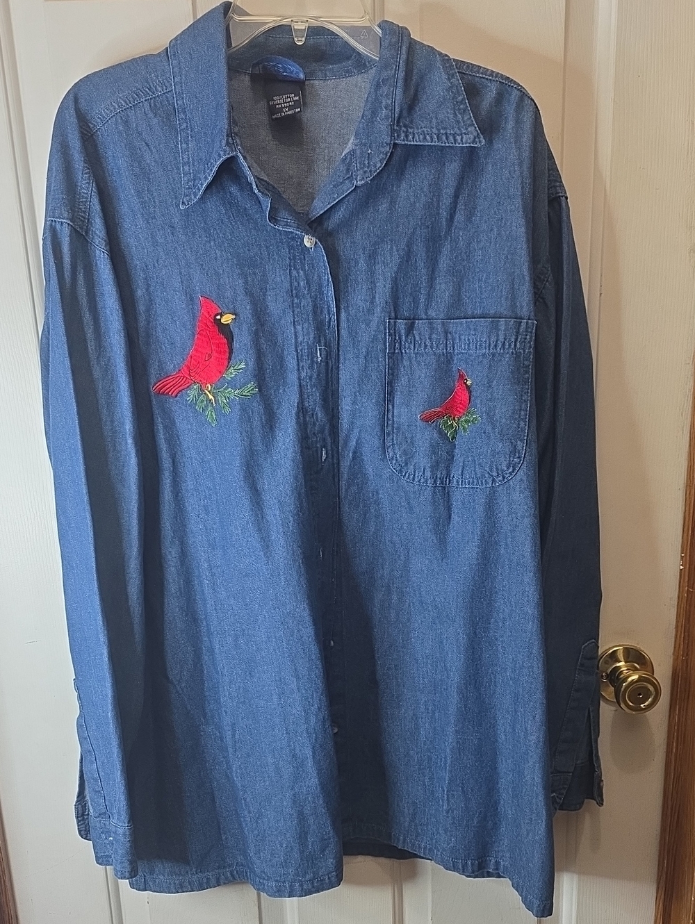 Denim Button-Up Shirt with Red Cardinal Embroidery